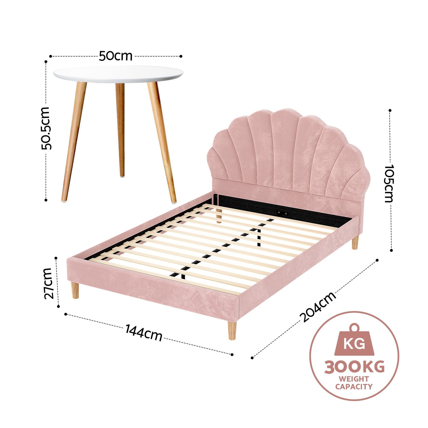 TWSC Double Bed Frame and Round Coffee Table Set Pink Velvet Bedhead with Wooden Side Table