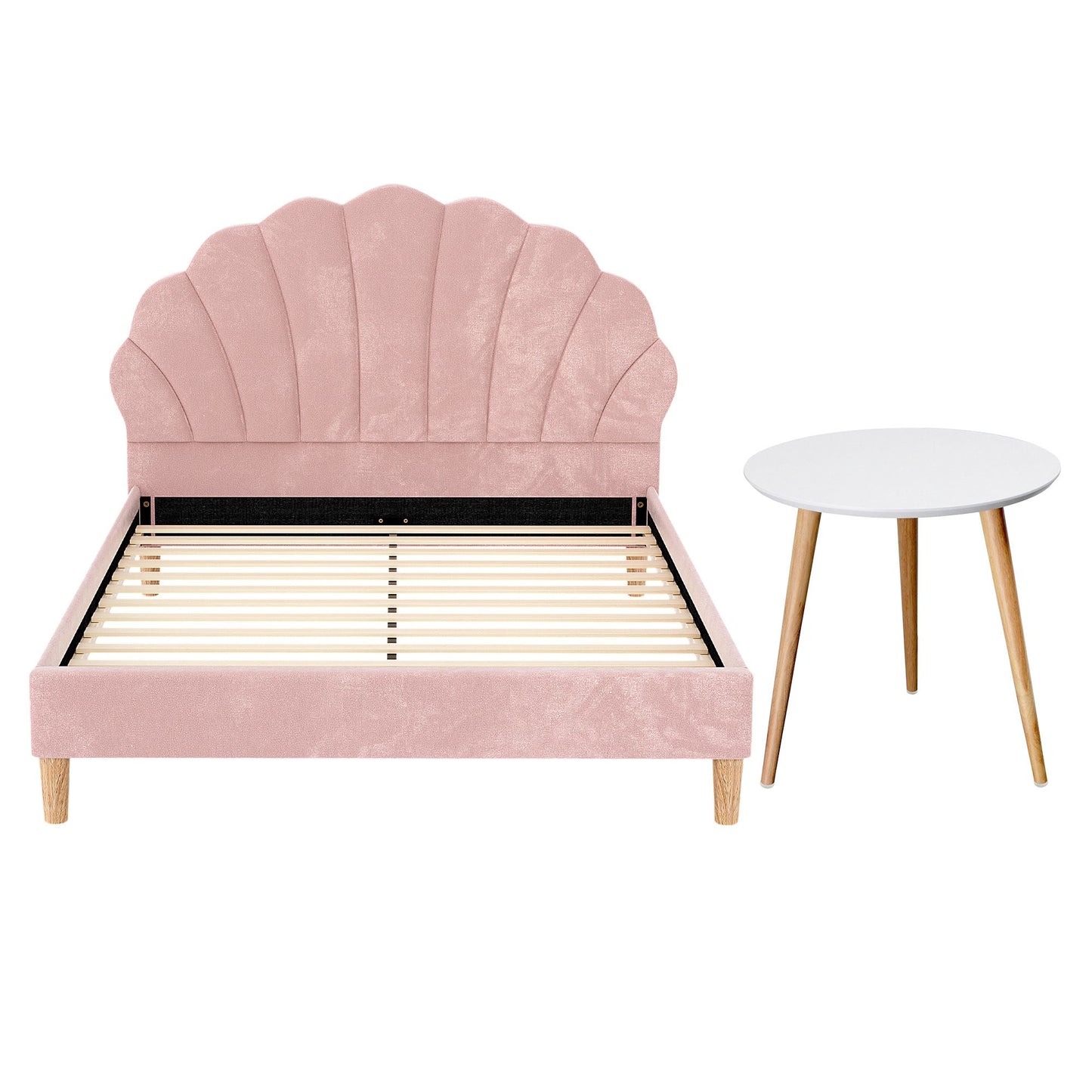 TWSC Double Bed Frame and Round Coffee Table Set Pink Velvet Bedhead with Wooden Side Table