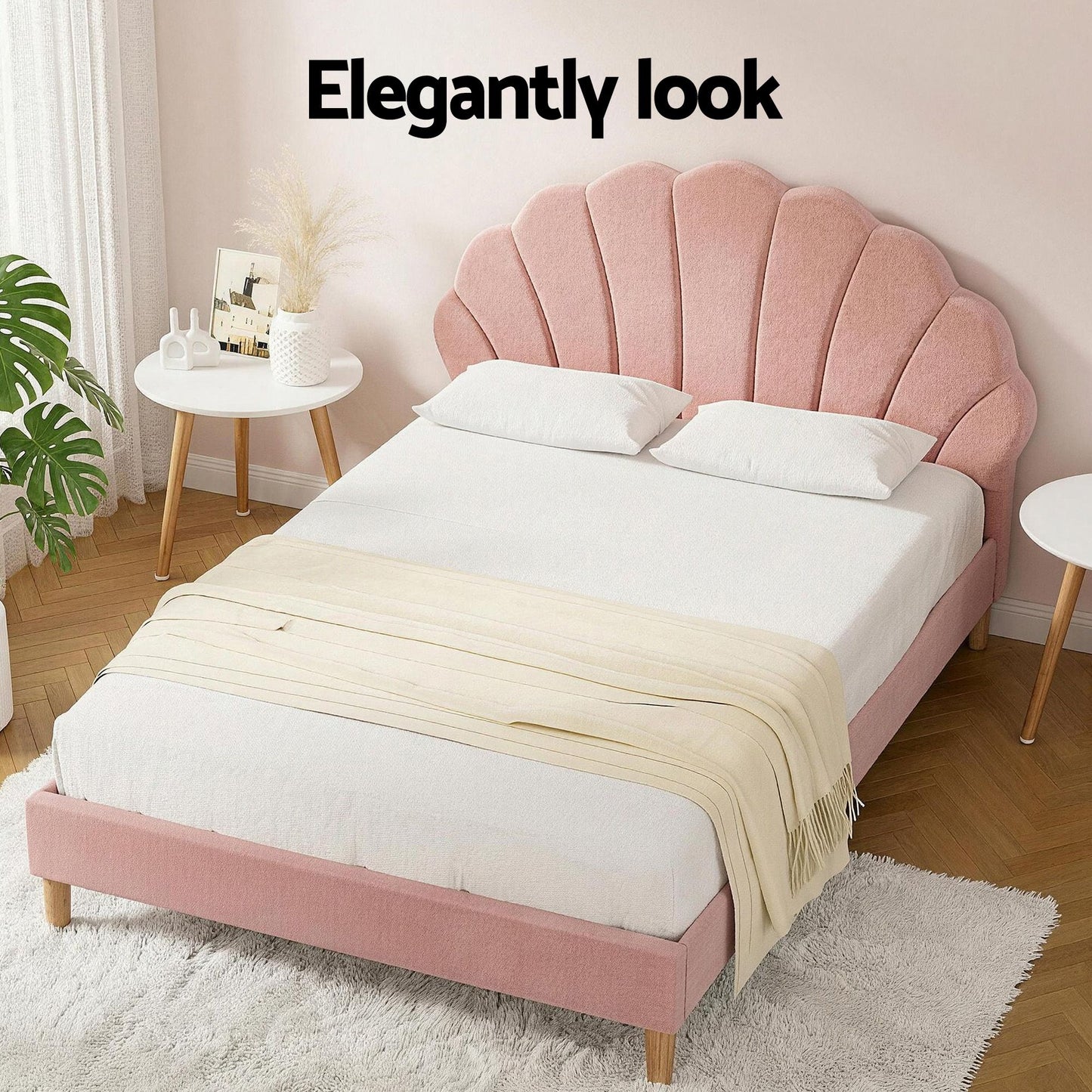 TWSC Double Bed Frame and Round Coffee Table Set Pink Velvet Bedhead with Wooden Side Table
