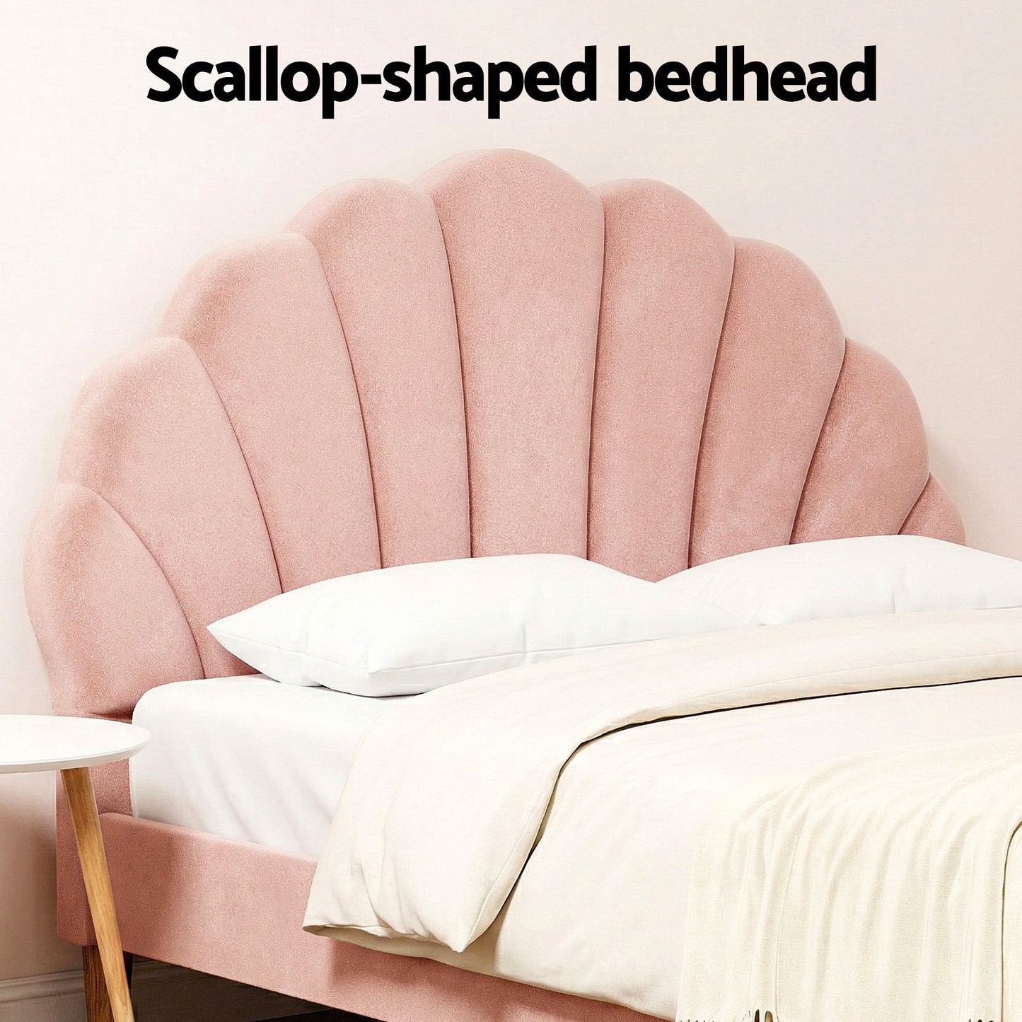 TWSC Double Bed Frame and Round Coffee Table Set Pink Velvet Bedhead with Wooden Side Table