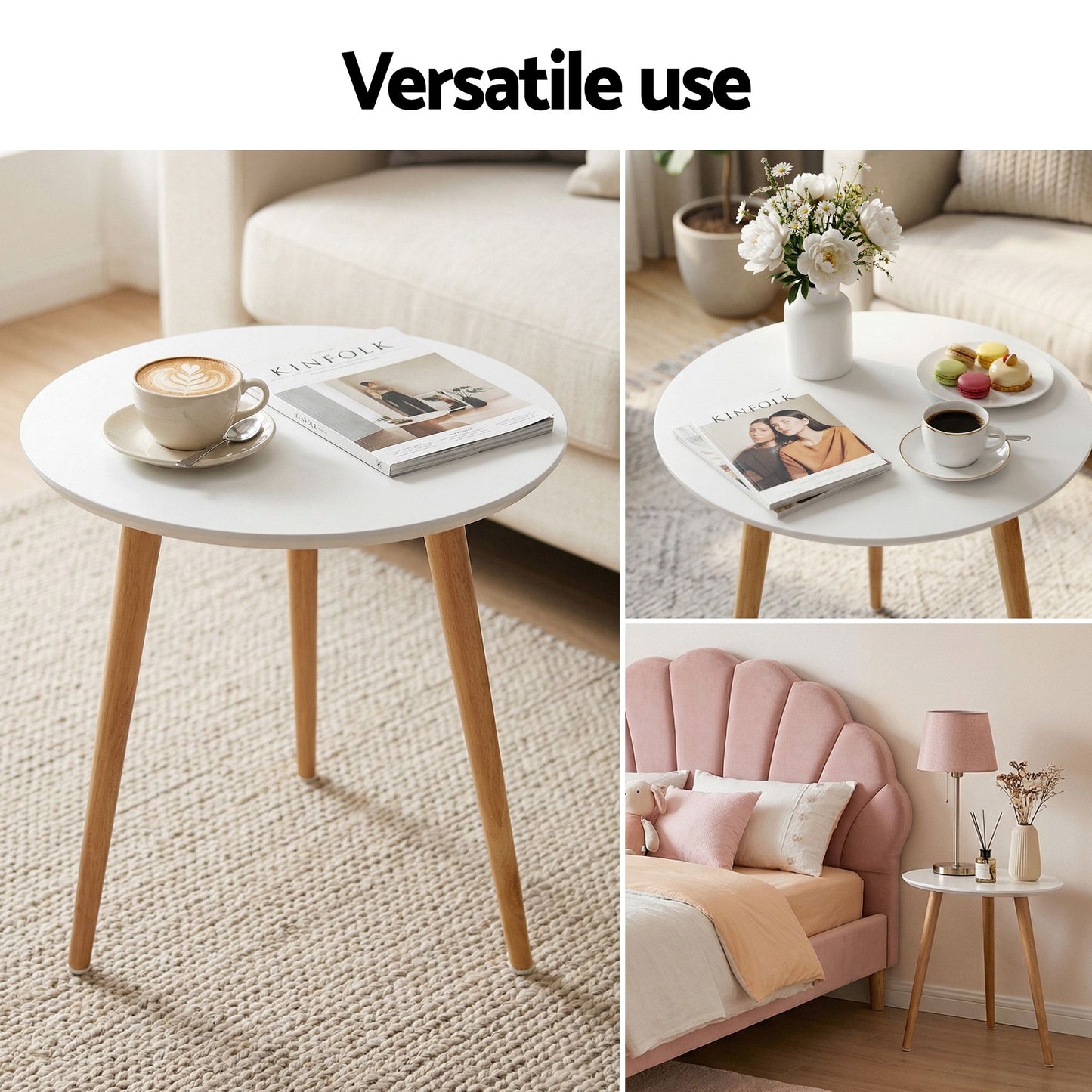 TWSC Double Bed Frame and Round Coffee Table Set Pink Velvet Bedhead with Wooden Side Table