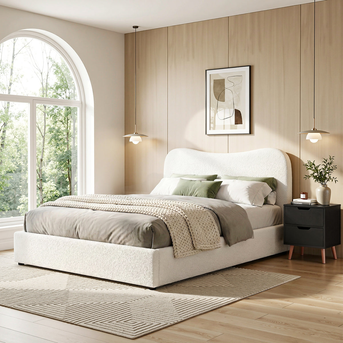 TWSC Double Bed Frame and Bedside Table Set Boucle Beige with Headboard Black Nightstand