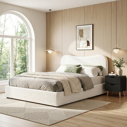 TWSC Double Bed Frame and Bedside Table Set Boucle Beige with Headboard Black Nightstand