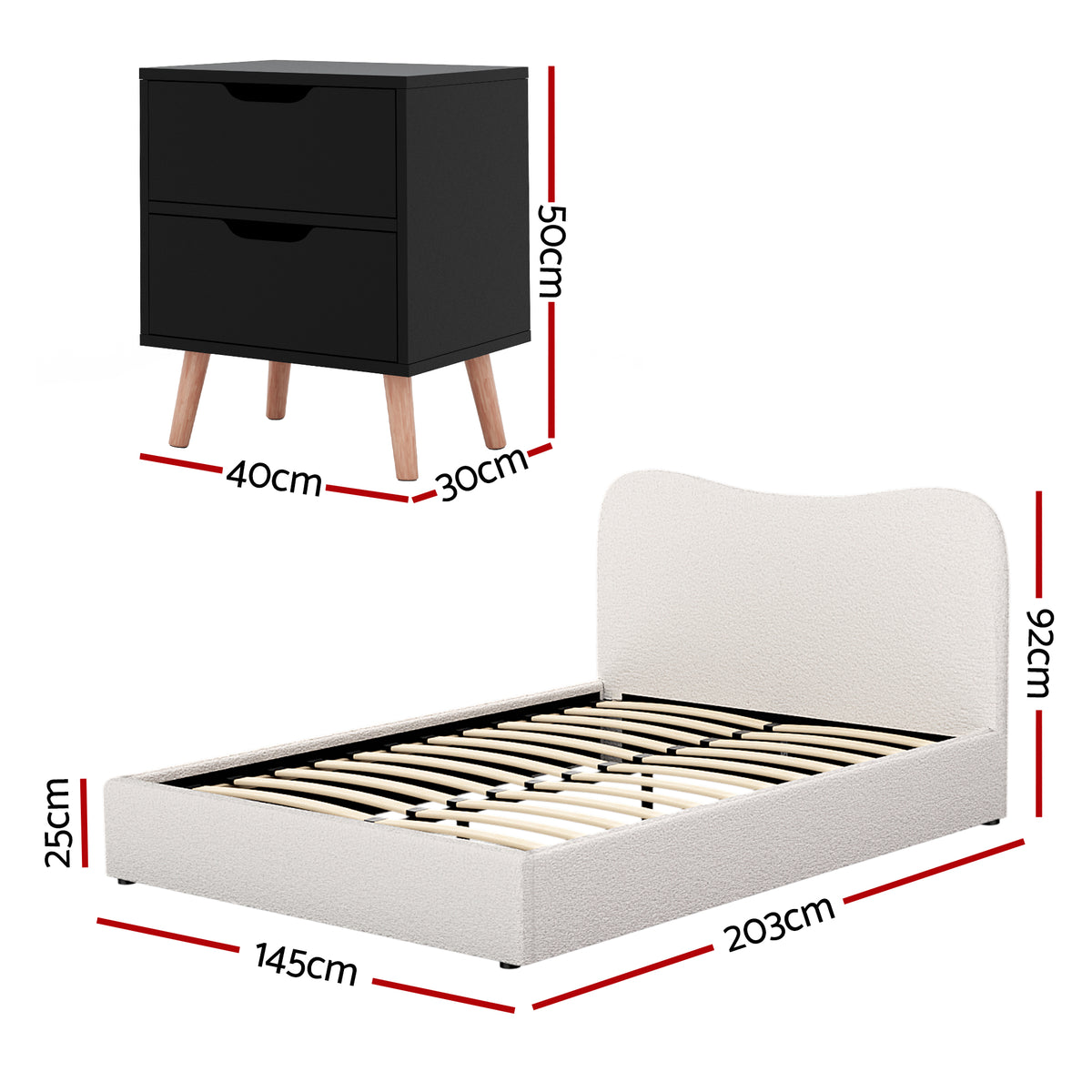 TWSC Double Bed Frame and Bedside Table Set Boucle Beige with Headboard Black Nightstand