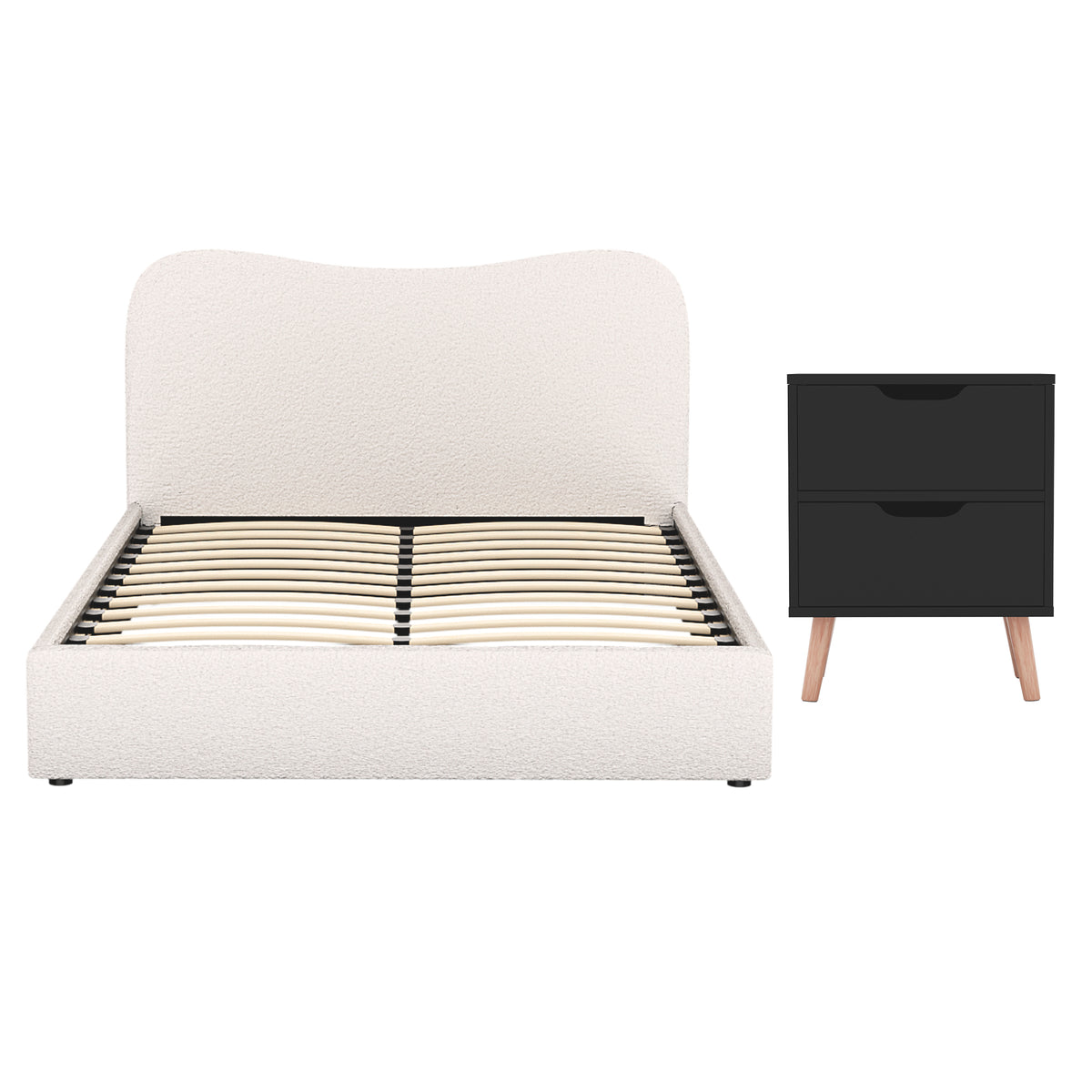 TWSC Double Bed Frame and Bedside Table Set Boucle Beige with Headboard Black Nightstand