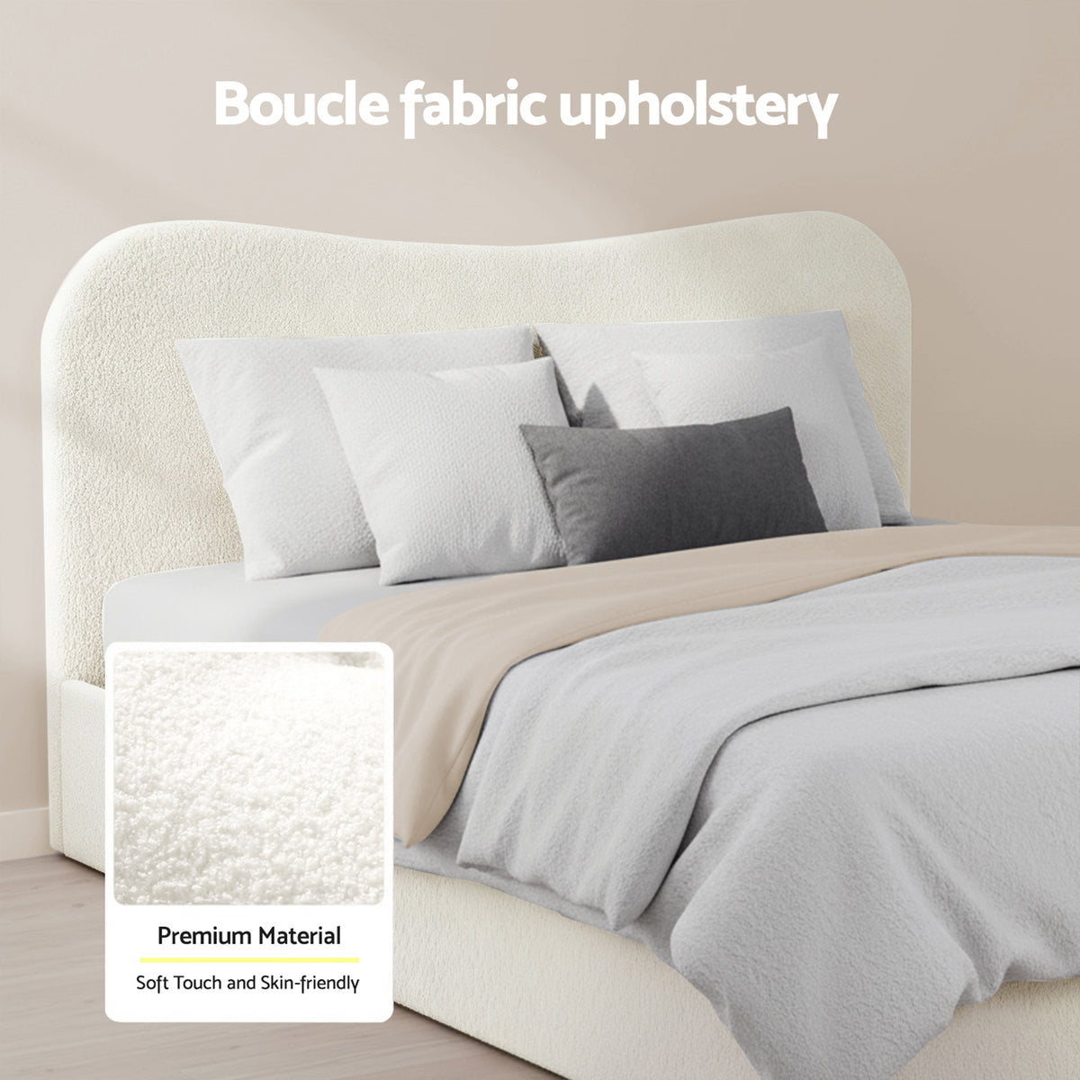 TWSC Double Bed Frame and Bedside Table Set Boucle Beige with Headboard Black Nightstand