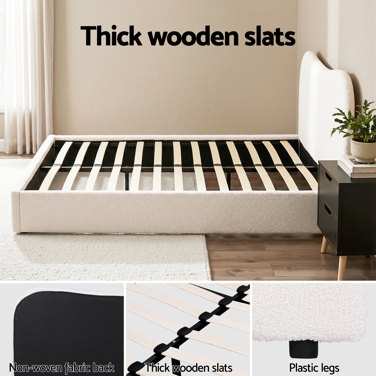 TWSC Double Bed Frame and Bedside Table Set Boucle Beige with Headboard Black Nightstand
