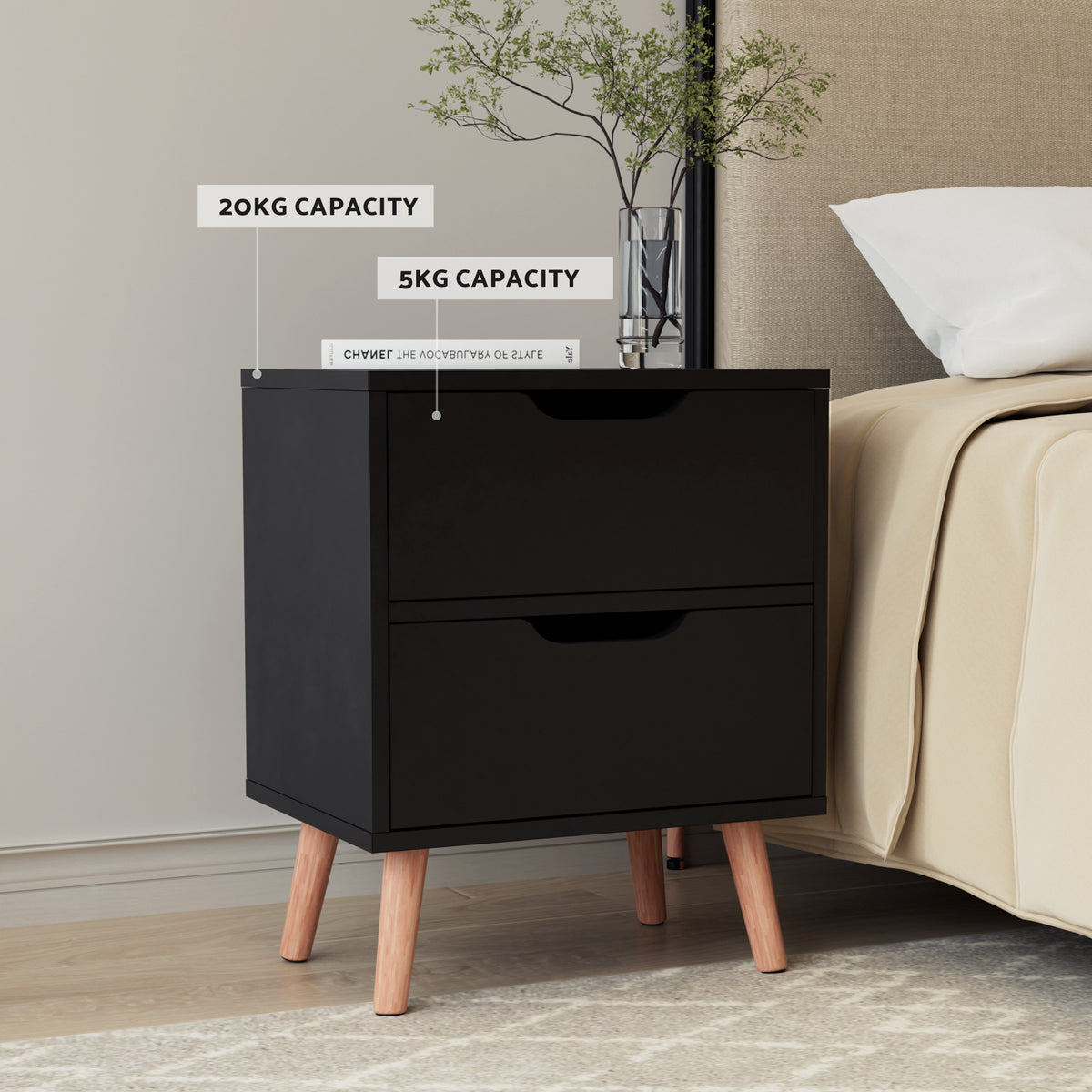 TWSC Double Bed Frame and Bedside Table Set Boucle Beige with Headboard Black Nightstand