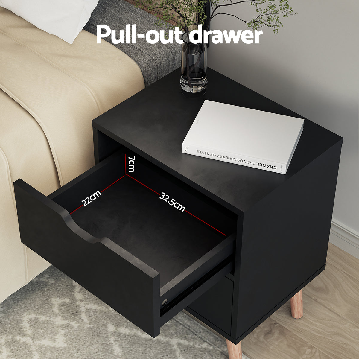 TWSC Double Bed Frame and Bedside Table Set Boucle Beige with Headboard Black Nightstand
