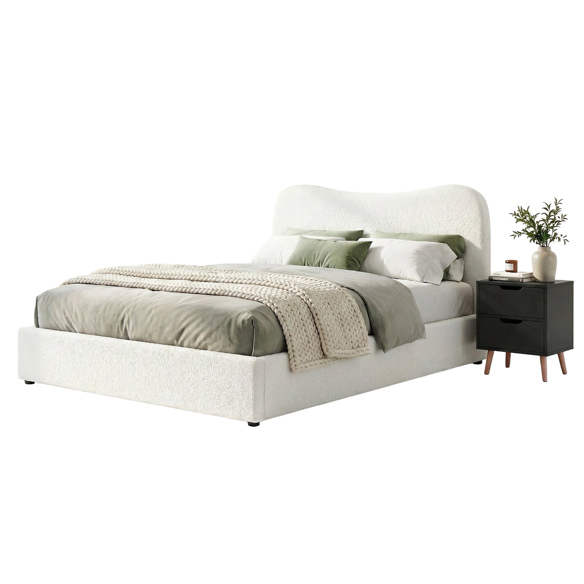 TWSC Double Bed Frame and Bedside Table Set Boucle Beige with Headboard Black Nightstand