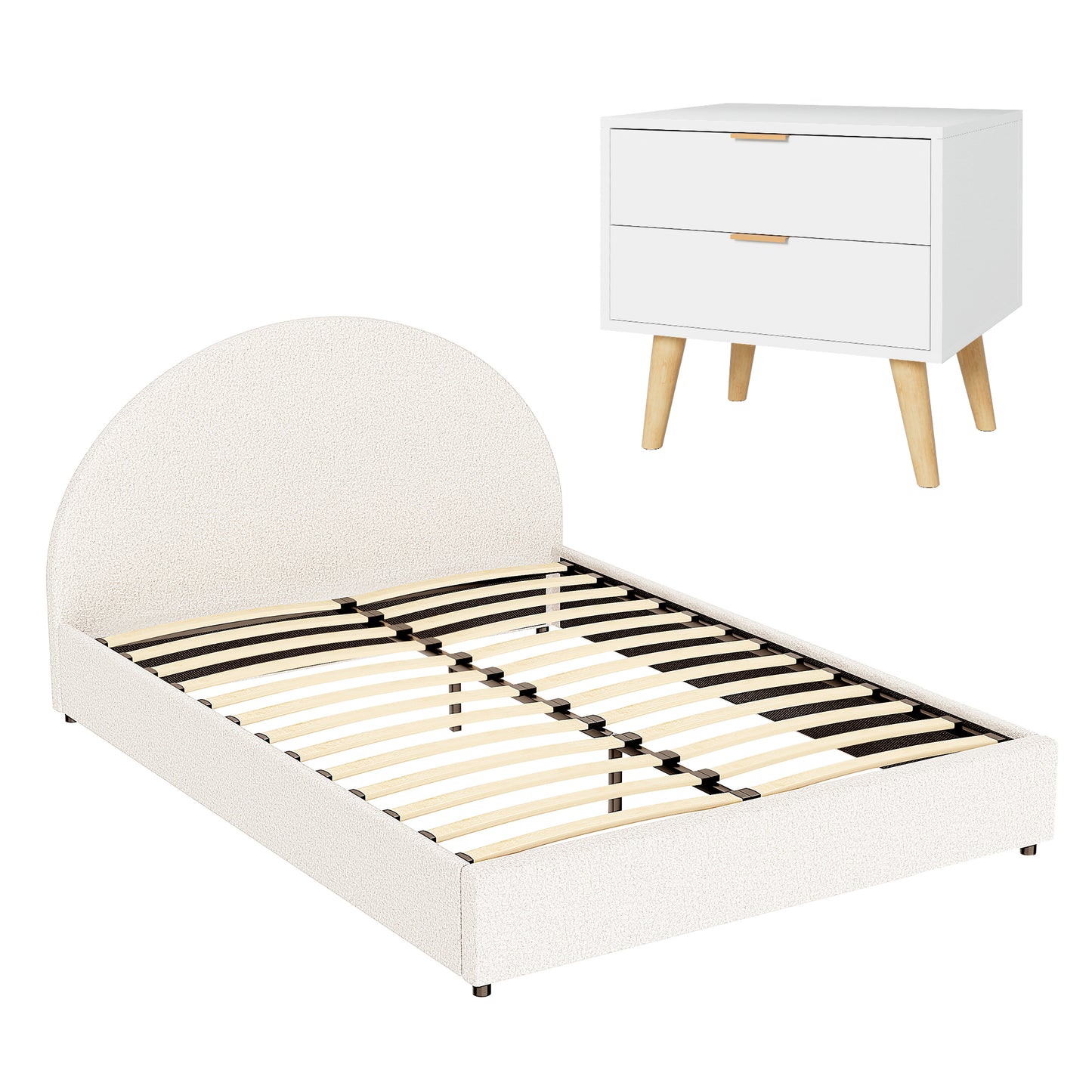 TWSC Queen Bed Frame Bedside Table Set Gas Lift Storage Base with Boucle Fabric Upholstered Headboard 2 Drawer Nightstand for Bedroom Furniture