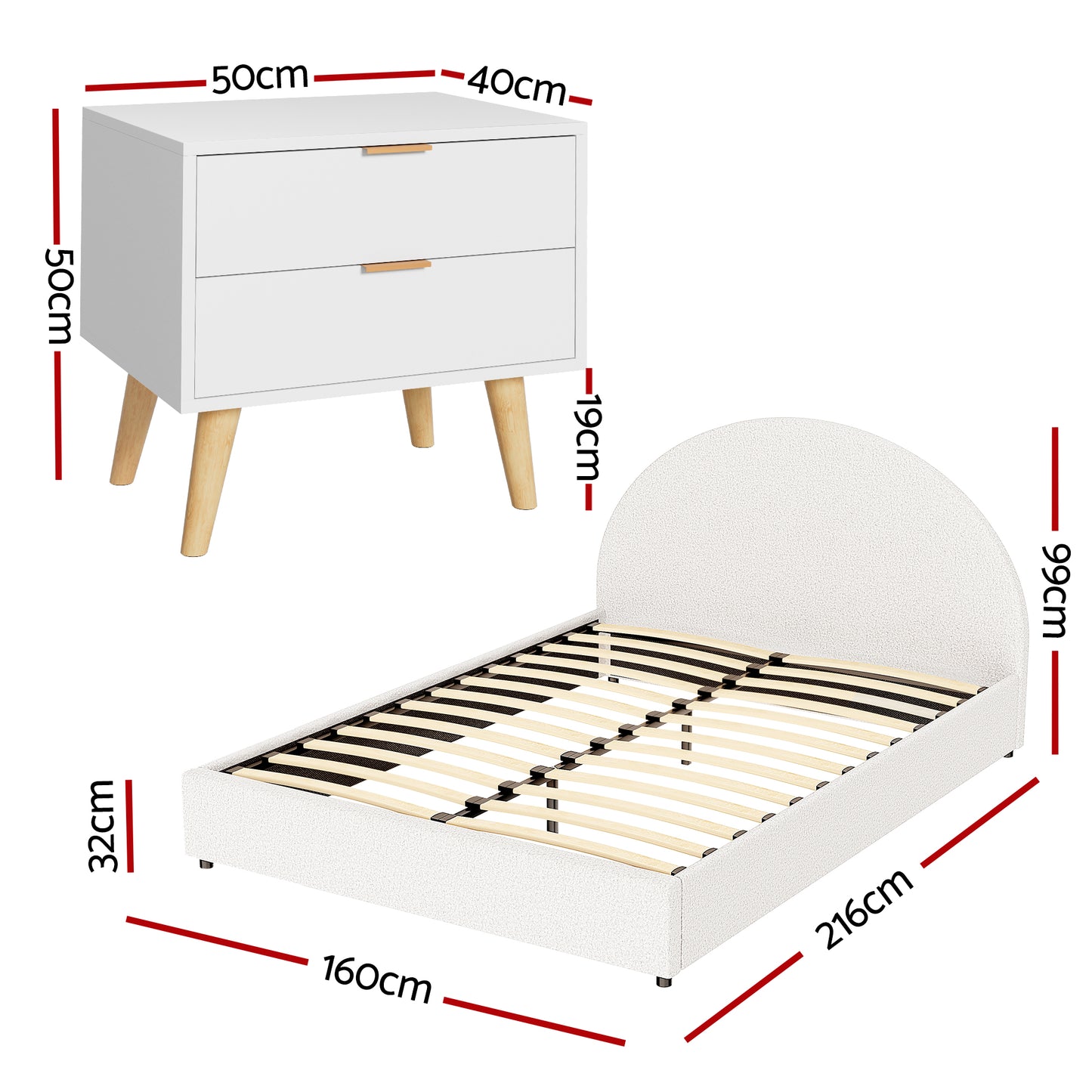 TWSC Queen Bed Frame Bedside Table Set Gas Lift Storage Base with Boucle Fabric Upholstered Headboard 2 Drawer Nightstand for Bedroom Furniture
