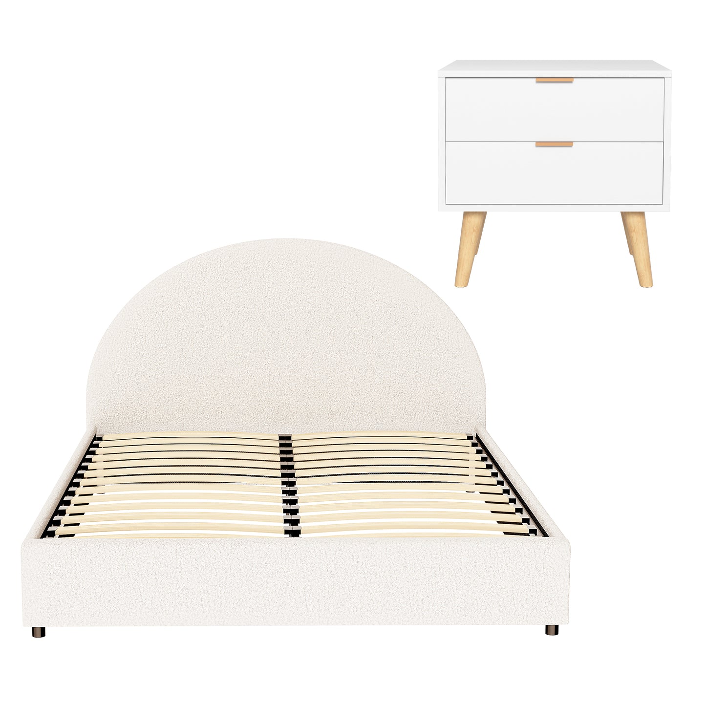 TWSC Queen Bed Frame Bedside Table Set Gas Lift Storage Base with Boucle Fabric Upholstered Headboard 2 Drawer Nightstand for Bedroom Furniture
