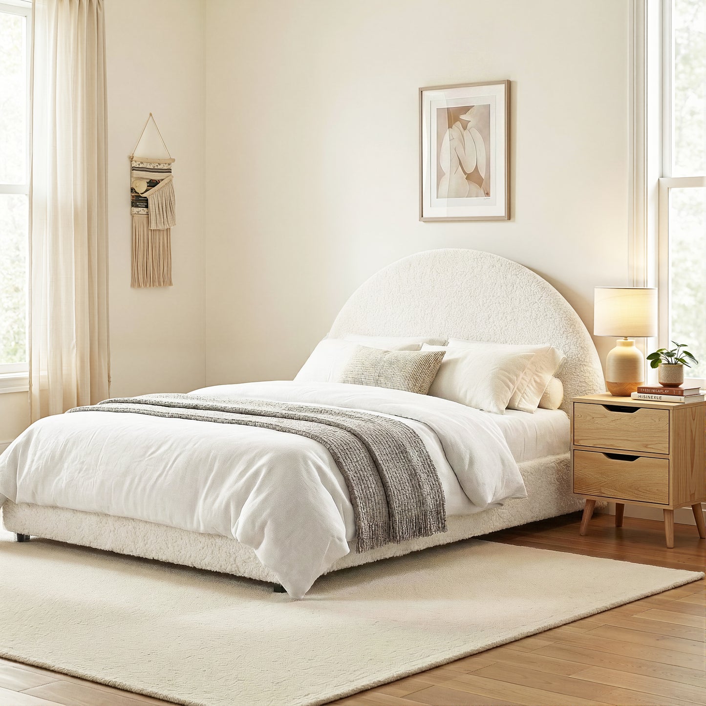 TWSC Gas Lift Queen Bed Frame with Bedside Table Set Boucle Fabric Upholstered Platform Bed Nightstand
