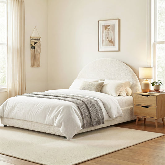 TWSC Gas Lift Queen Bed Frame with Bedside Table Set Boucle Fabric Upholstered Platform Bed Nightstand