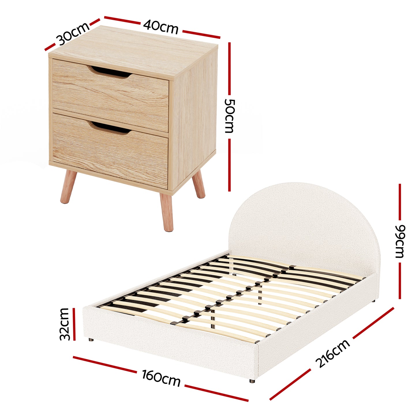 TWSC Gas Lift Queen Bed Frame with Bedside Table Set Boucle Fabric Upholstered Platform Bed Nightstand
