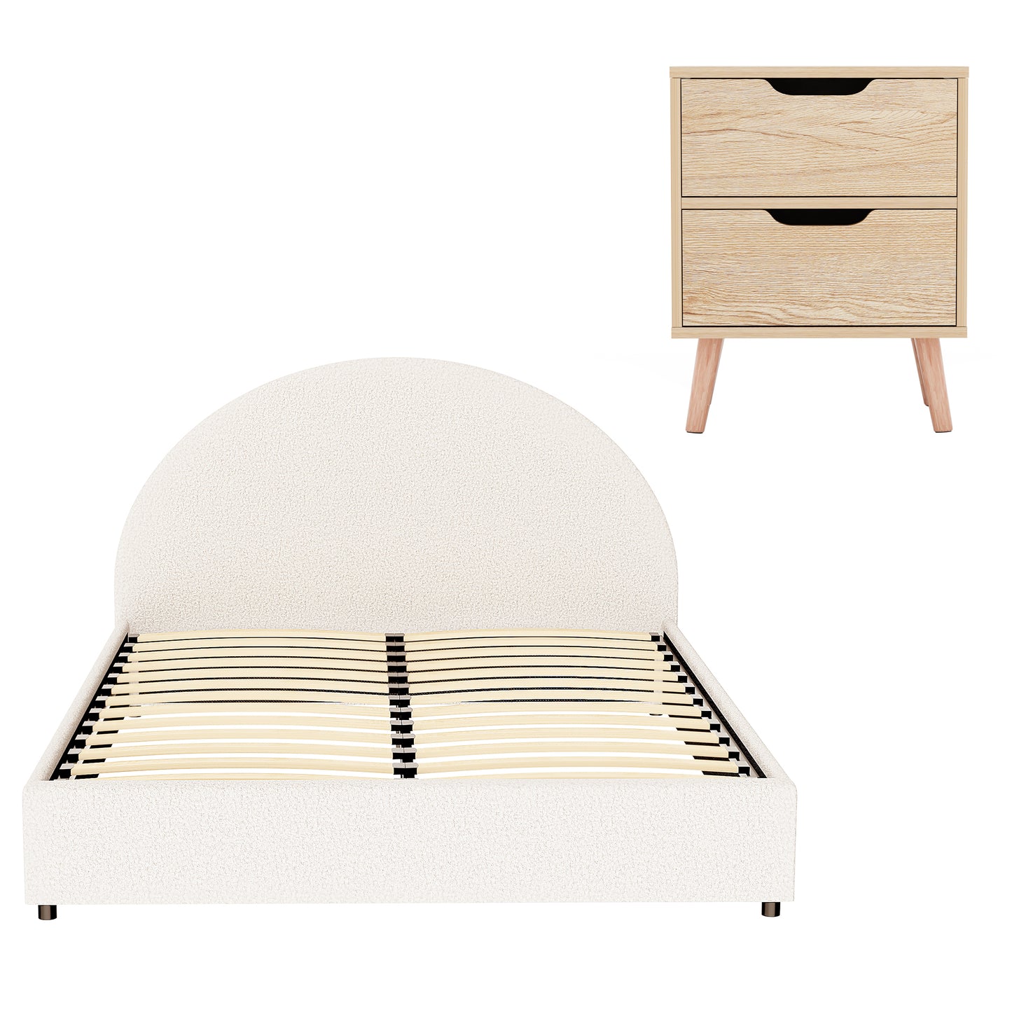 TWSC Gas Lift Queen Bed Frame with Bedside Table Set Boucle Fabric Upholstered Platform Bed Nightstand