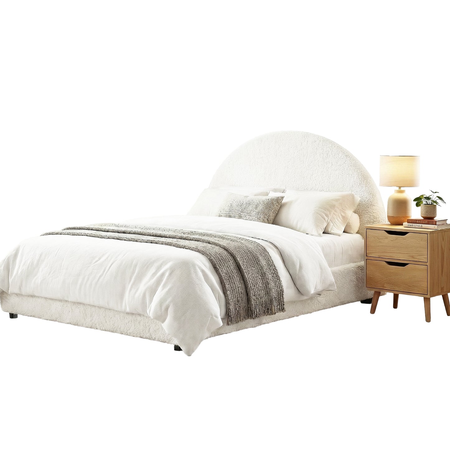 TWSC Gas Lift Queen Bed Frame with Bedside Table Set Boucle Fabric Upholstered Platform Bed Nightstand