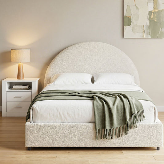 TWSC Queen Bed Frame with Storage and Bedside Table Set Boucle Fabric Gas Lift Bed Base 2-Drawer Nightstand