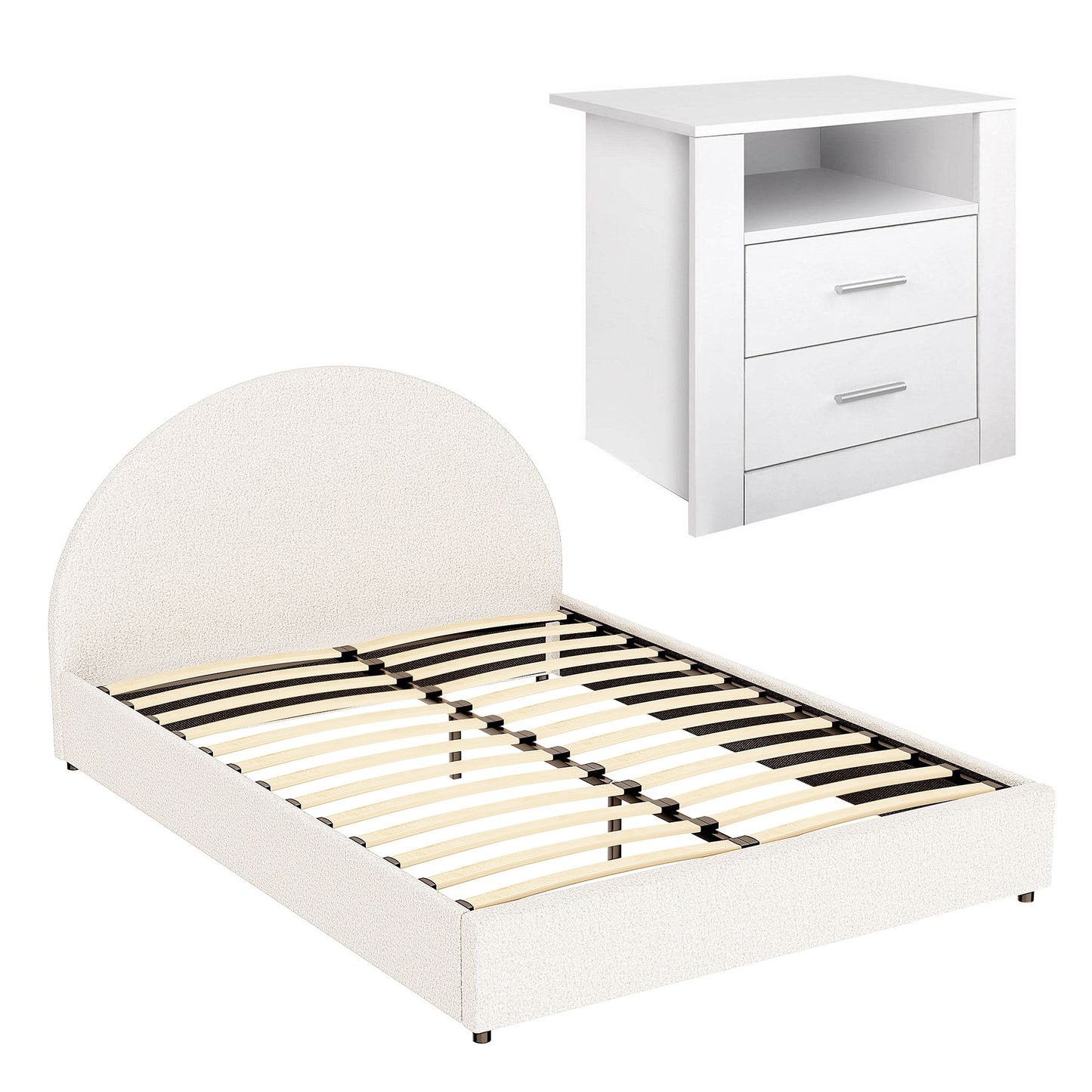TWSC Queen Bed Frame with Storage and Bedside Table Set Boucle Fabric Gas Lift Bed Base 2-Drawer Nightstand