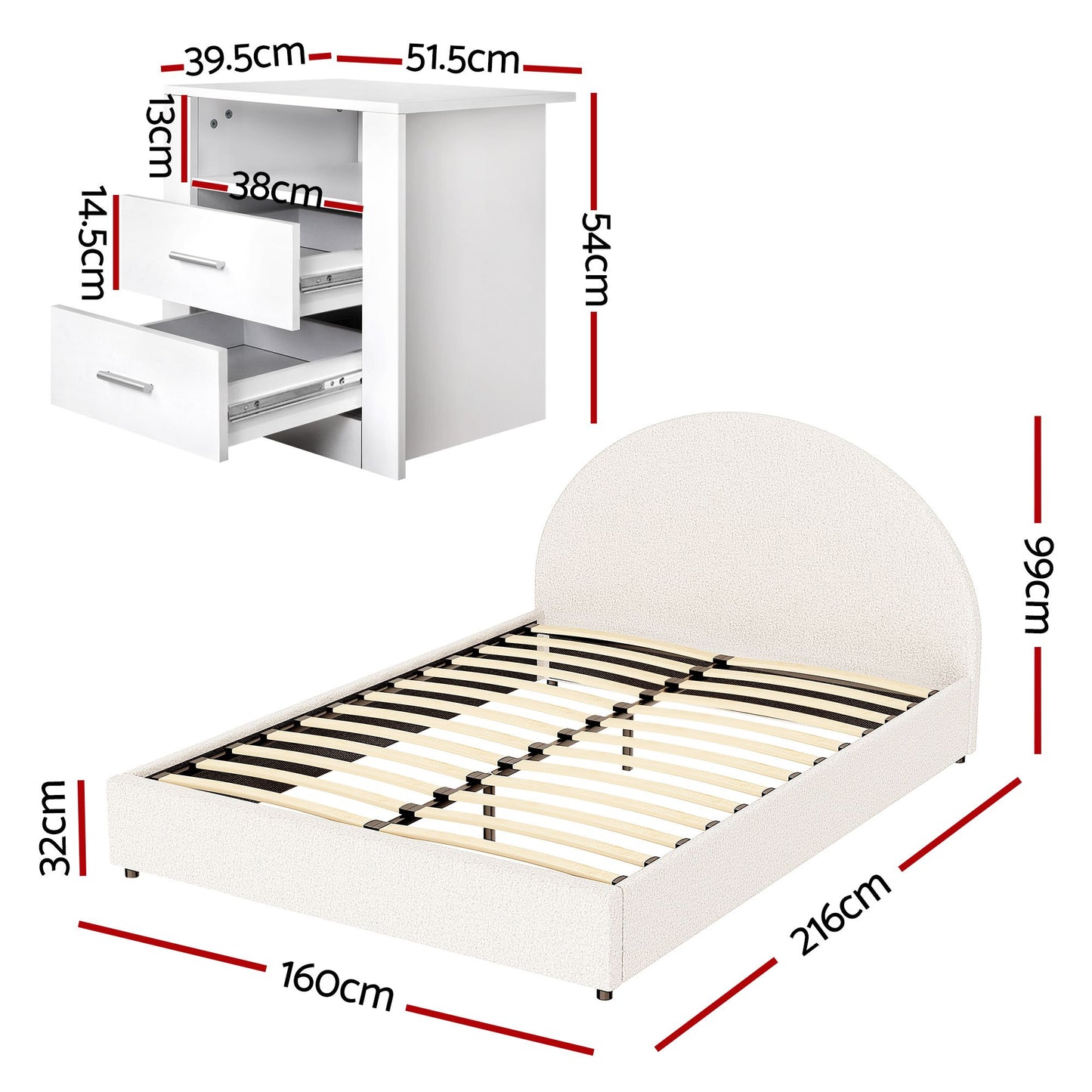 TWSC Queen Bed Frame with Storage and Bedside Table Set Boucle Fabric Gas Lift Bed Base 2-Drawer Nightstand