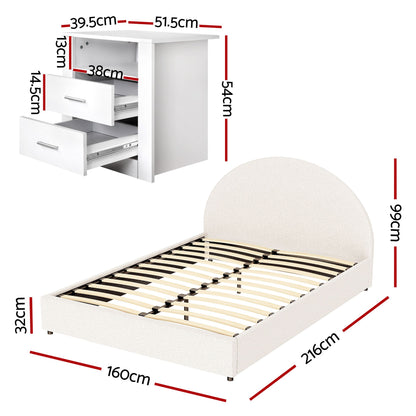 TWSC Queen Bed Frame with Storage and Bedside Table Set Boucle Fabric Gas Lift Bed Base 2-Drawer Nightstand