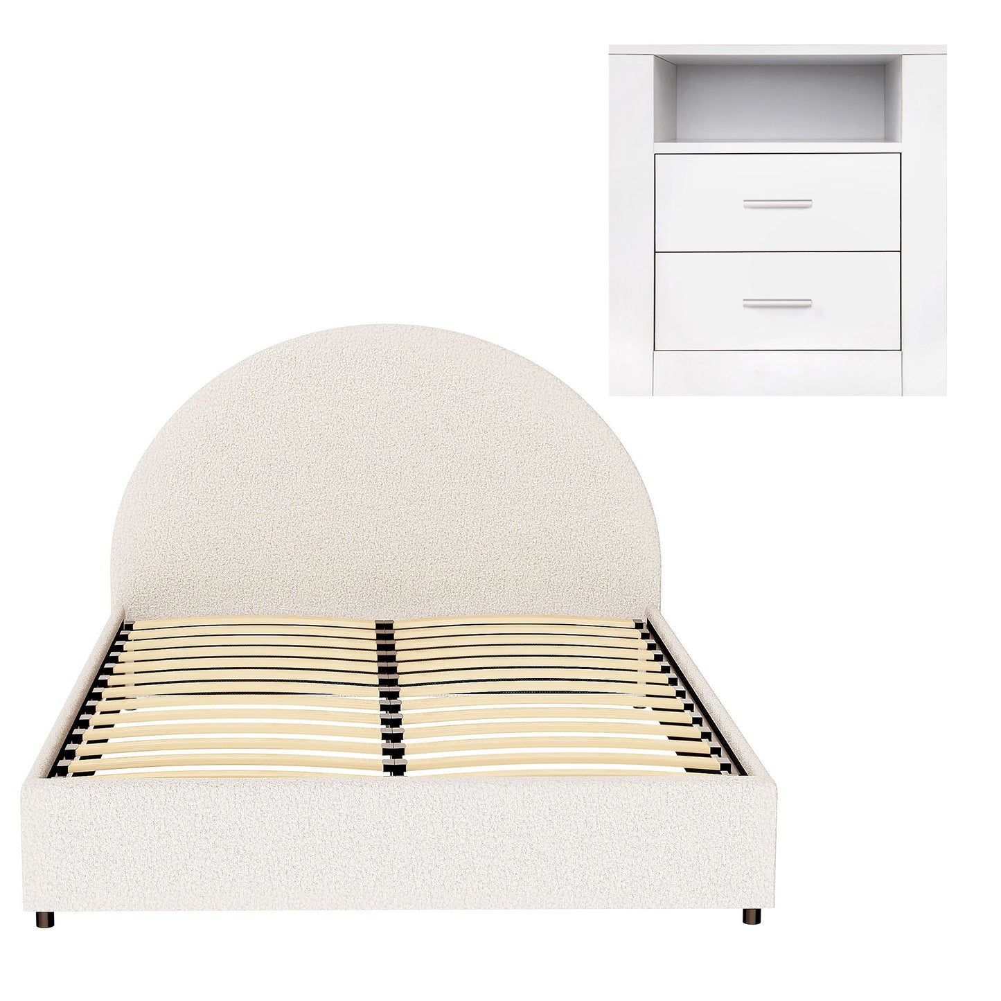 TWSC Queen Bed Frame with Storage and Bedside Table Set Boucle Fabric Gas Lift Bed Base 2-Drawer Nightstand