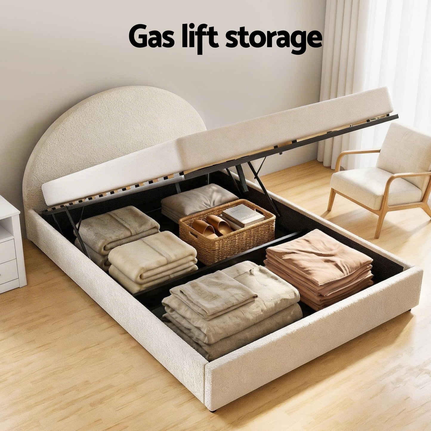 TWSC Queen Bed Frame with Storage and Bedside Table Set Boucle Fabric Gas Lift Bed Base 2-Drawer Nightstand