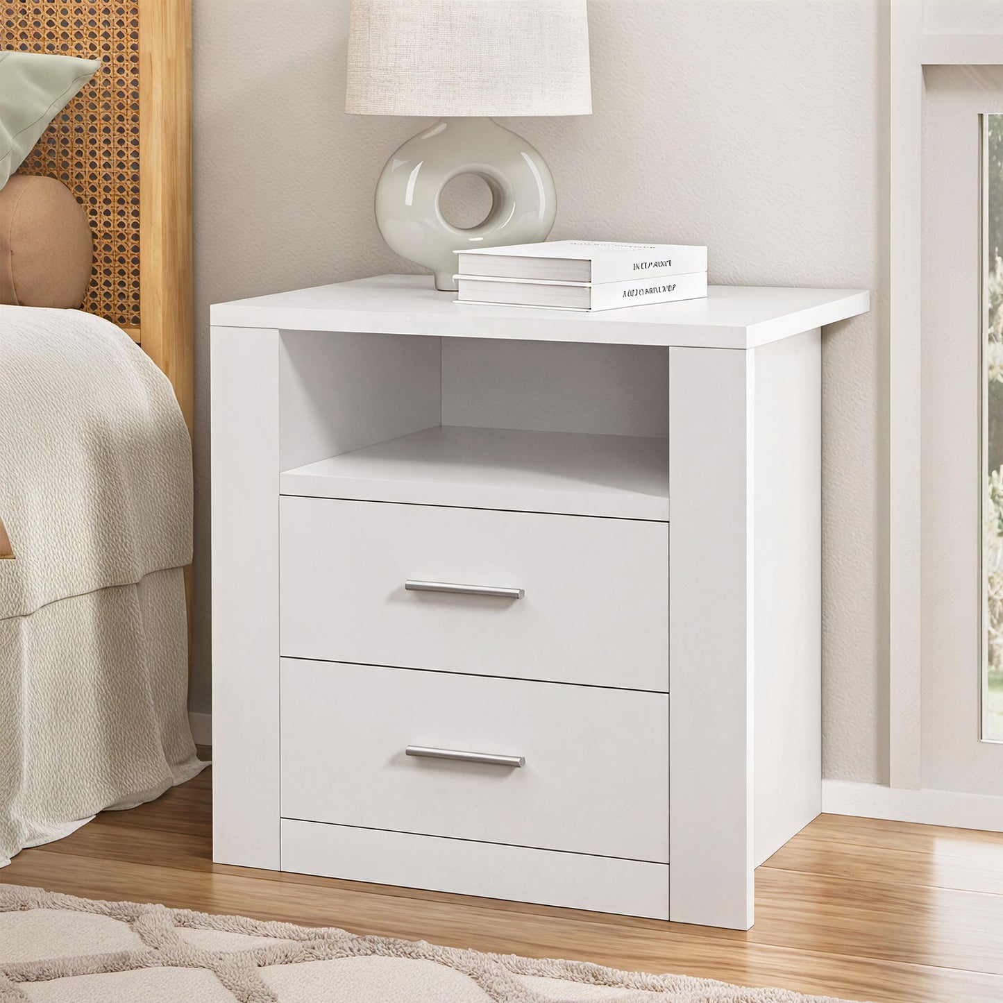 TWSC Queen Bed Frame with Storage and Bedside Table Set Boucle Fabric Gas Lift Bed Base 2-Drawer Nightstand