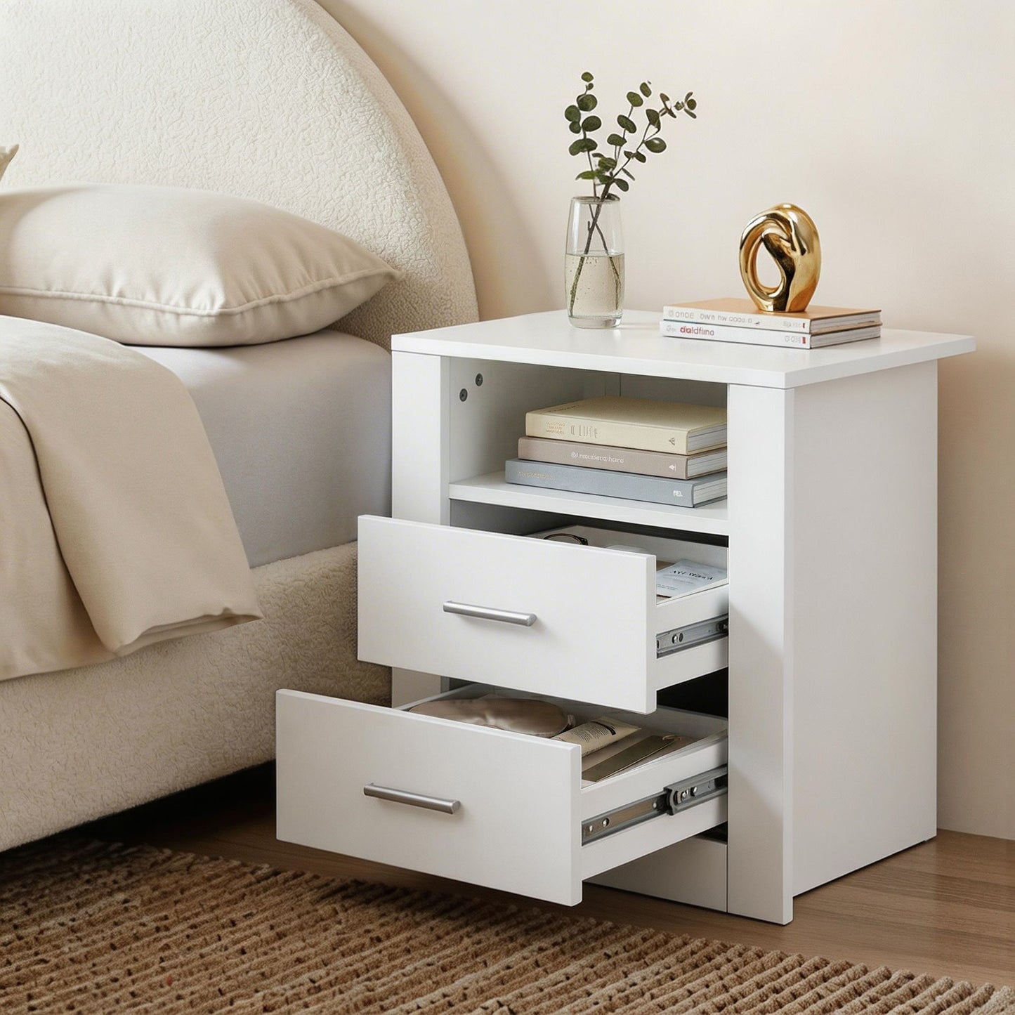TWSC Queen Bed Frame with Storage and Bedside Table Set Boucle Fabric Gas Lift Bed Base 2-Drawer Nightstand