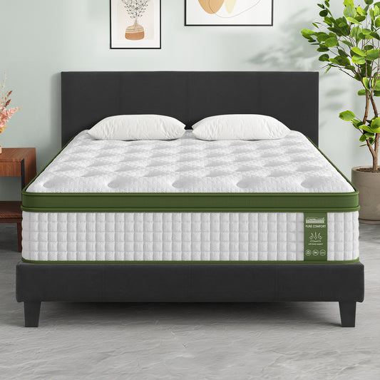 BedStory Double Bed Frame and Hybrid Pocket Coil Mattress – Charcoal Upholstered, Medium-Firm Support