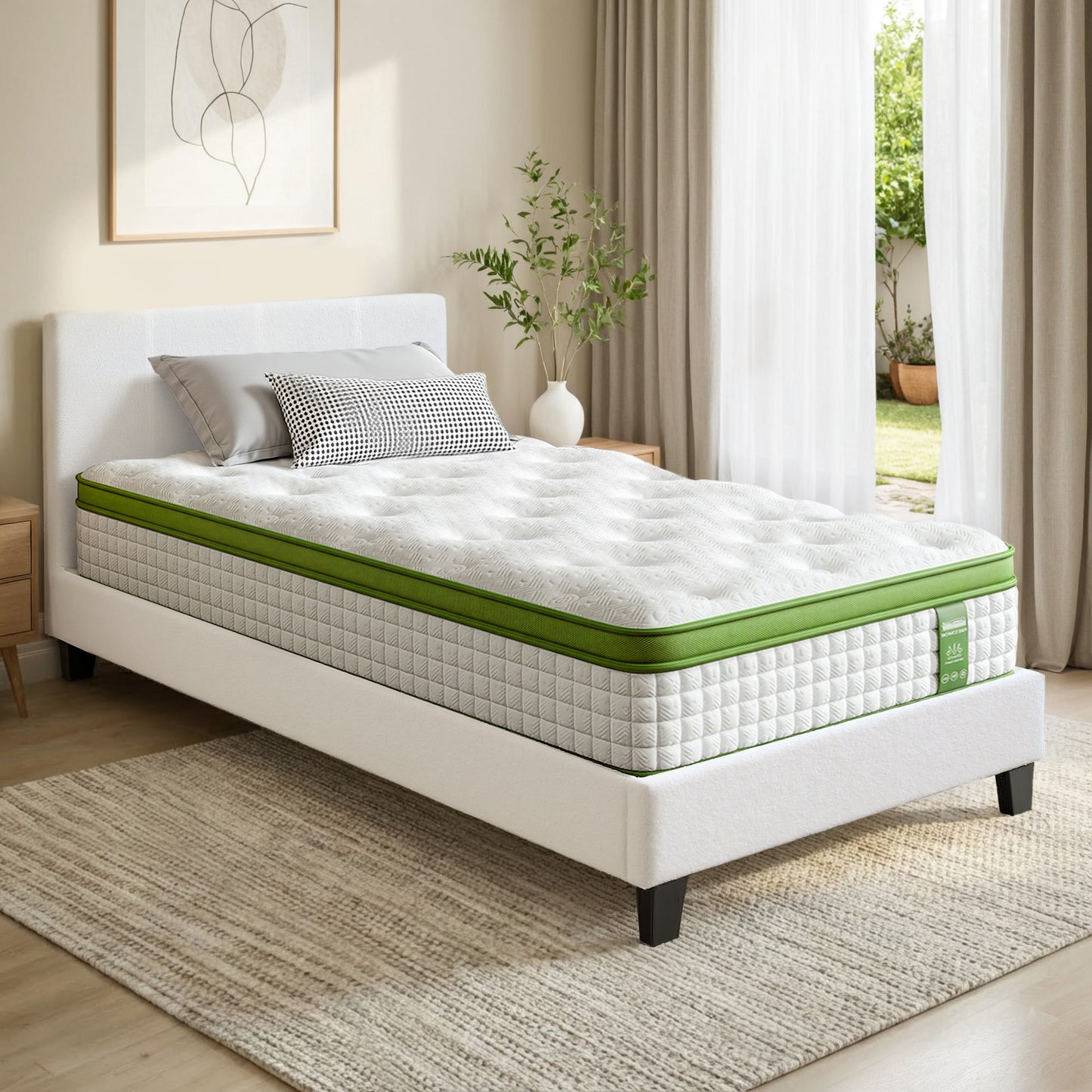 TWSC Single Bed Frame with Hybrid Mattress Set 30cm Medium Firm Platform Headboard Boucle Upholstered Pocket Coil for Pressure Relief