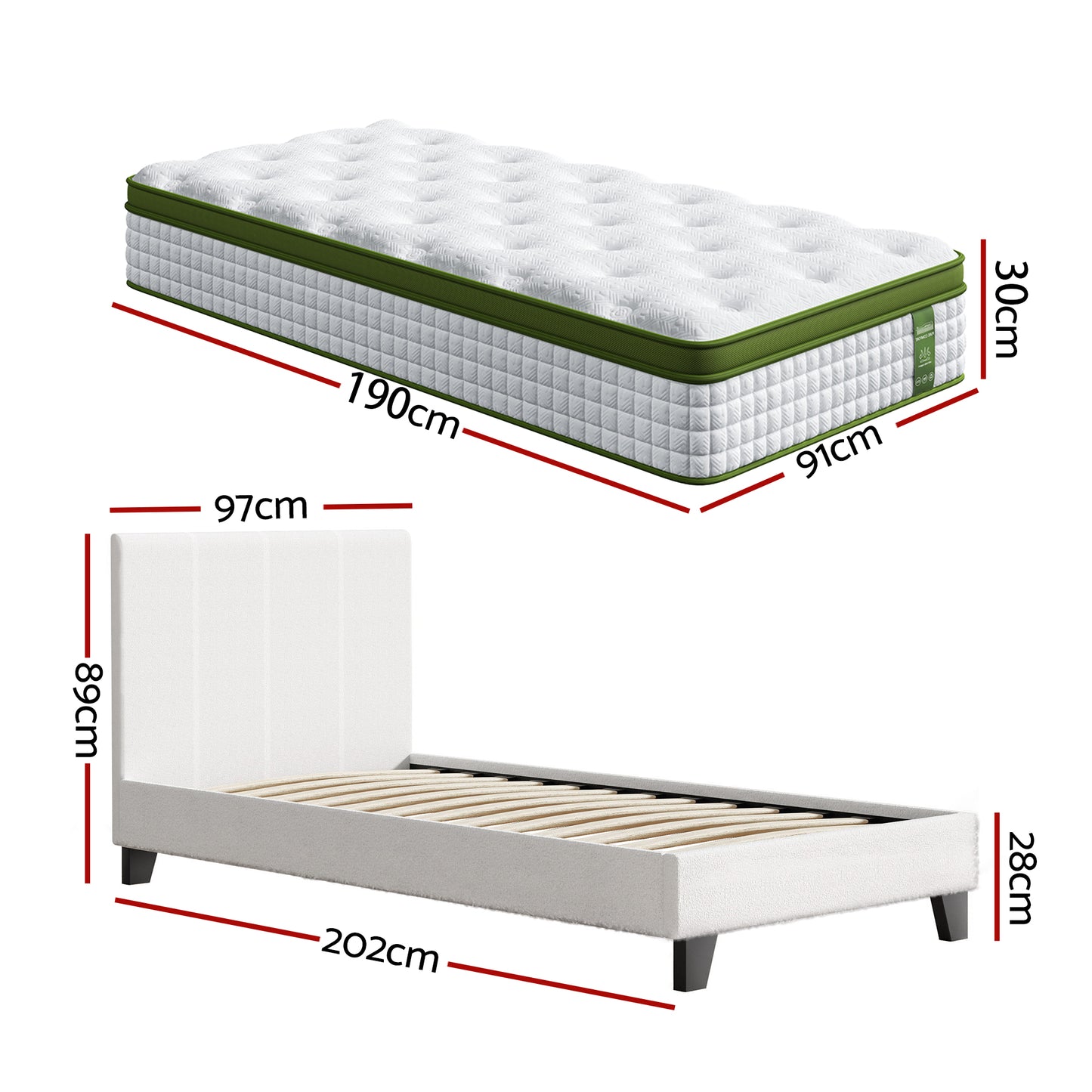 TWSC Single Bed Frame with Hybrid Mattress Set 30cm Medium Firm Platform Headboard Boucle Upholstered Pocket Coil for Pressure Relief