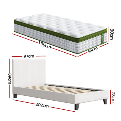 TWSC Single Bed Frame with Hybrid Mattress Set 30cm Medium Firm Platform Headboard Boucle Upholstered Pocket Coil for Pressure Relief