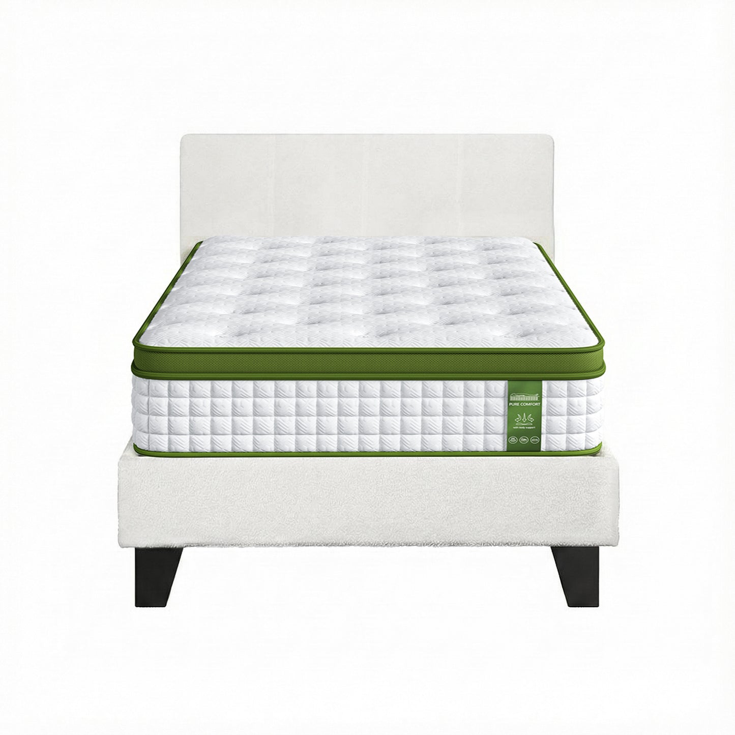 TWSC Single Bed Frame with Hybrid Mattress Set 30cm Medium Firm Platform Headboard Boucle Upholstered Pocket Coil for Pressure Relief