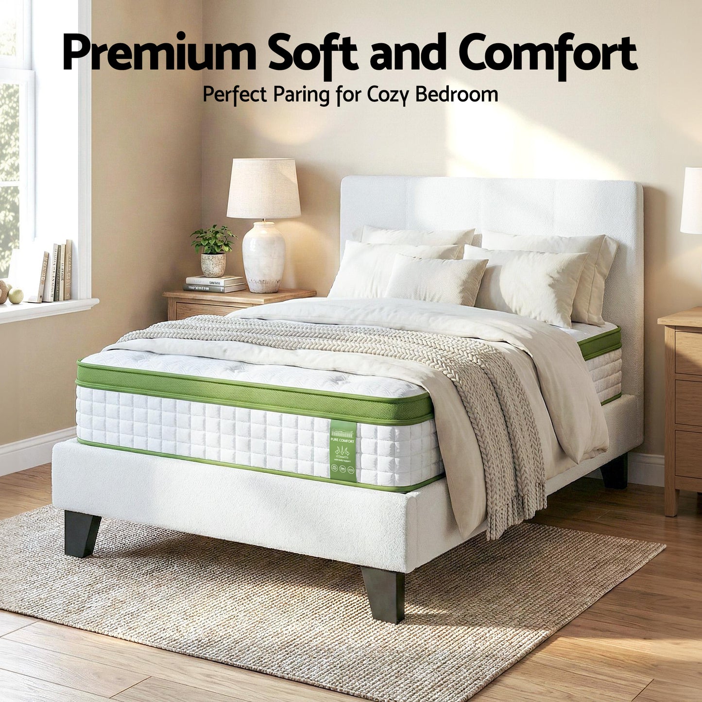 TWSC Single Bed Frame with Hybrid Mattress Set 30cm Medium Firm Platform Headboard Boucle Upholstered Pocket Coil for Pressure Relief