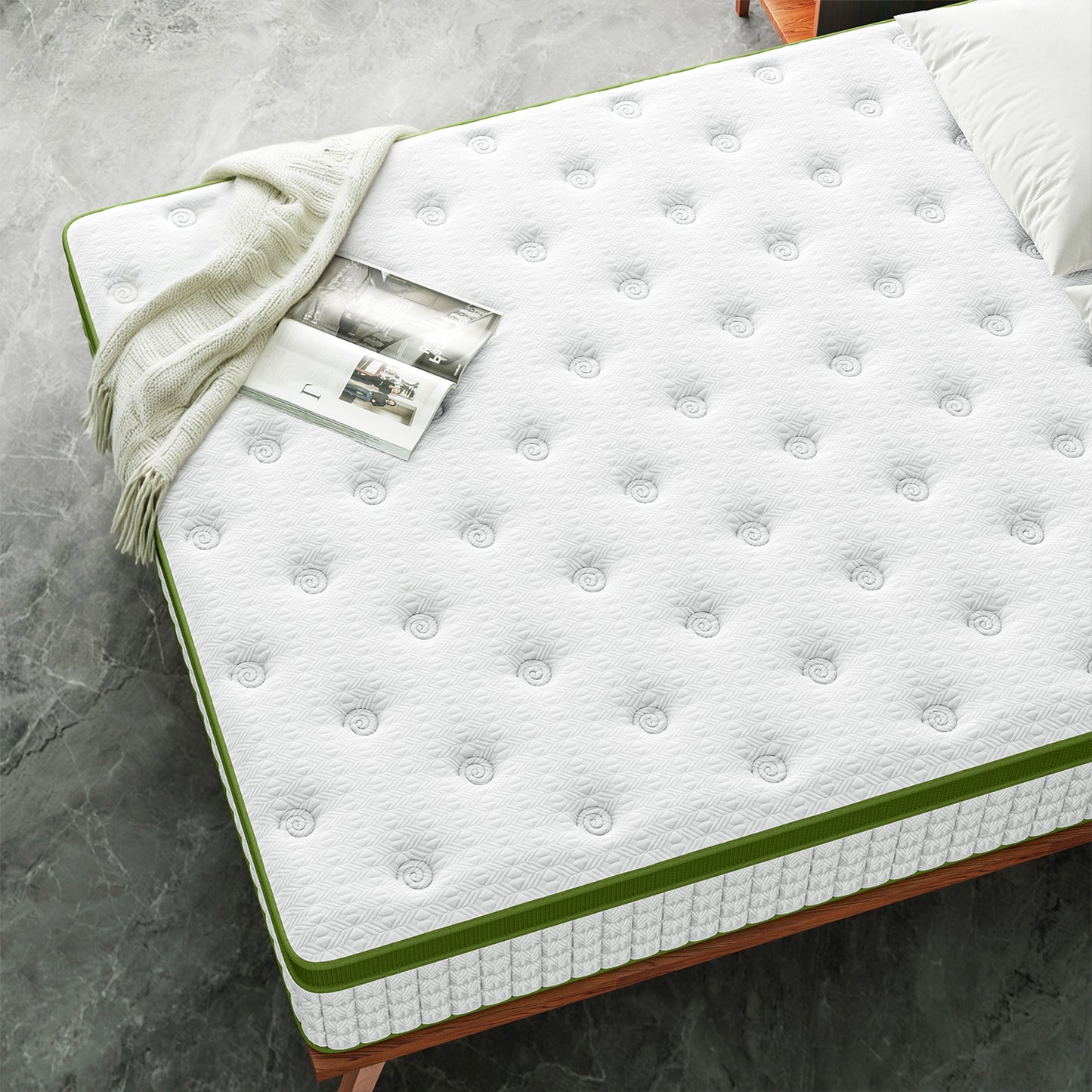 TWSC Single Bed Frame with Hybrid Mattress Set 30cm Medium Firm Platform Headboard Boucle Upholstered Pocket Coil for Pressure Relief