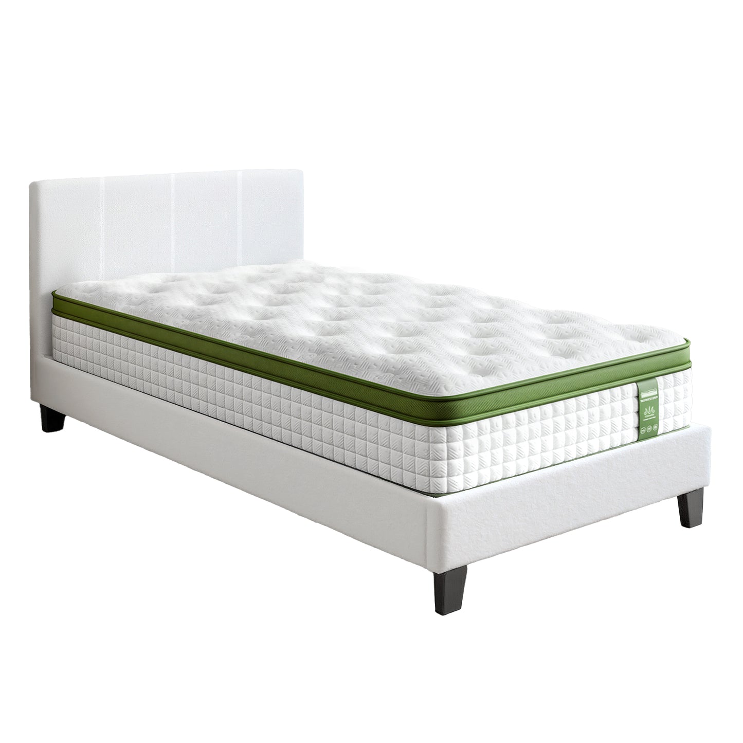 TWSC Single Bed Frame with Hybrid Mattress Set 30cm Medium Firm Platform Headboard Boucle Upholstered Pocket Coil for Pressure Relief