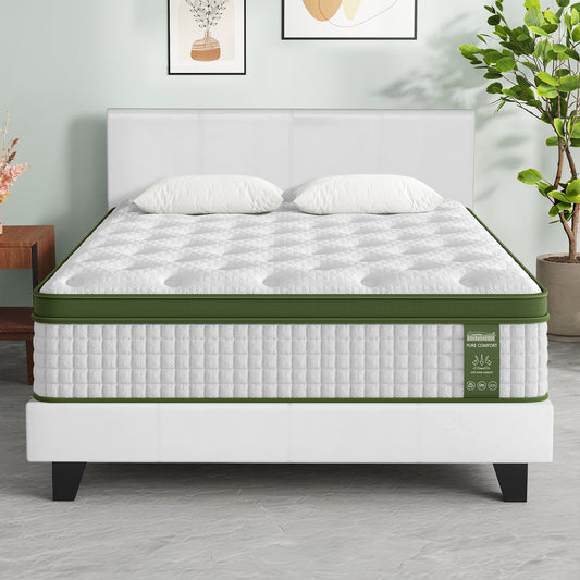 Double Bed Frame and Hybrid Mattress Bundle – White Upholstered with Headboard