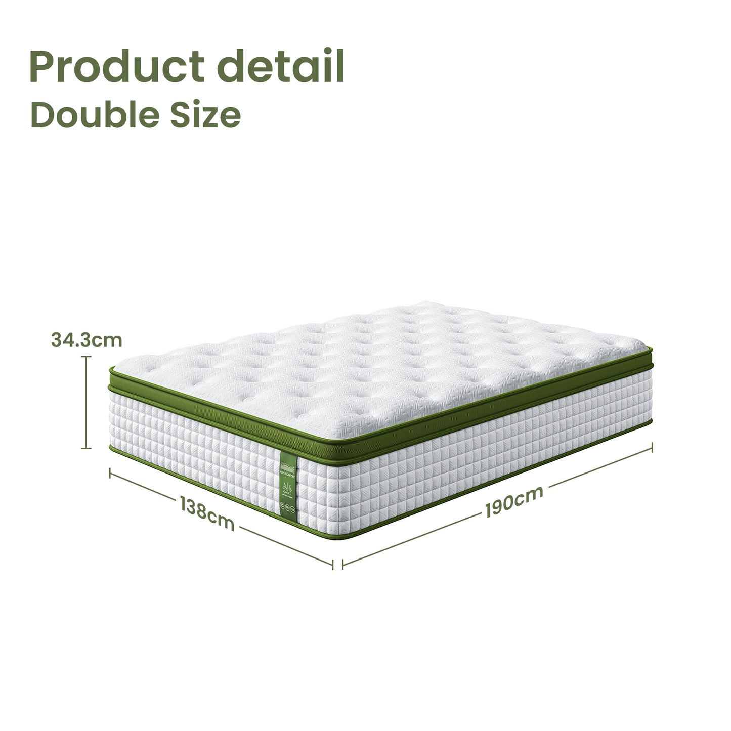 Double Bed Frame and Hybrid Mattress Bundle – White Upholstered with Headboard