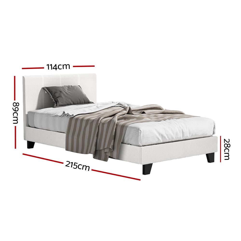 King Single Bed Set – Upholstered Platform with Hybrid Mattress, White Boucle Fabric