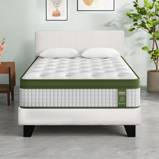 Bed Frame and Medium Firm Hybrid Mattress Bundle – Single, White Boucle Headboard