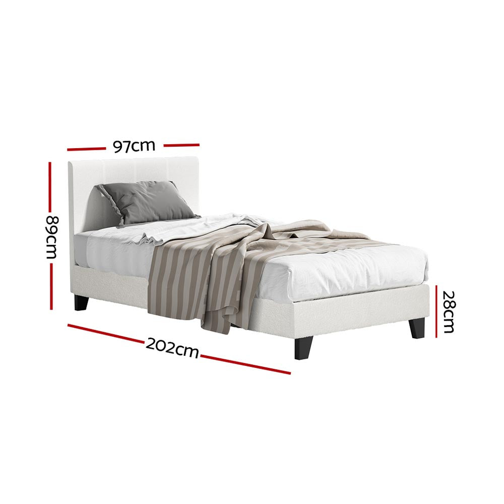 Bed Frame and Medium Firm Hybrid Mattress Bundle – Single, White Boucle Headboard