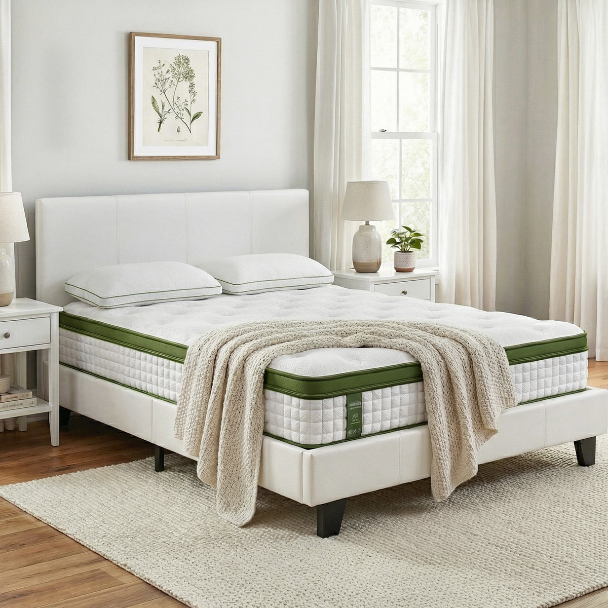 TWSC Double Bed Frame Platform White PVC Leather Hybrid Mattress Modern