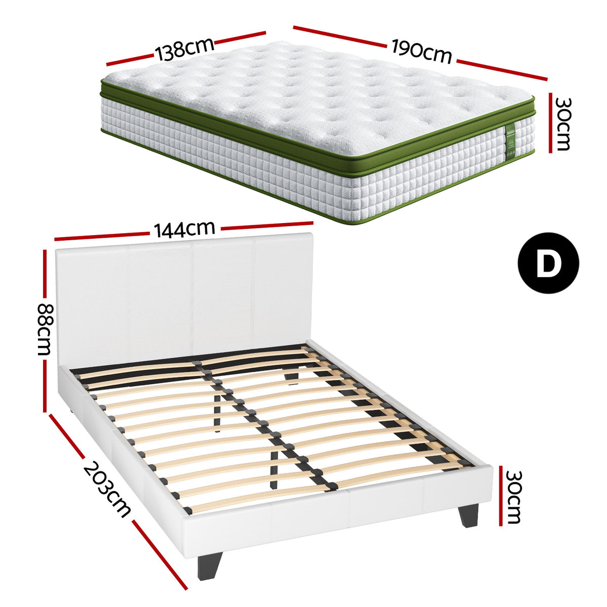 TWSC Double Bed Frame Platform White PVC Leather Hybrid Mattress Modern