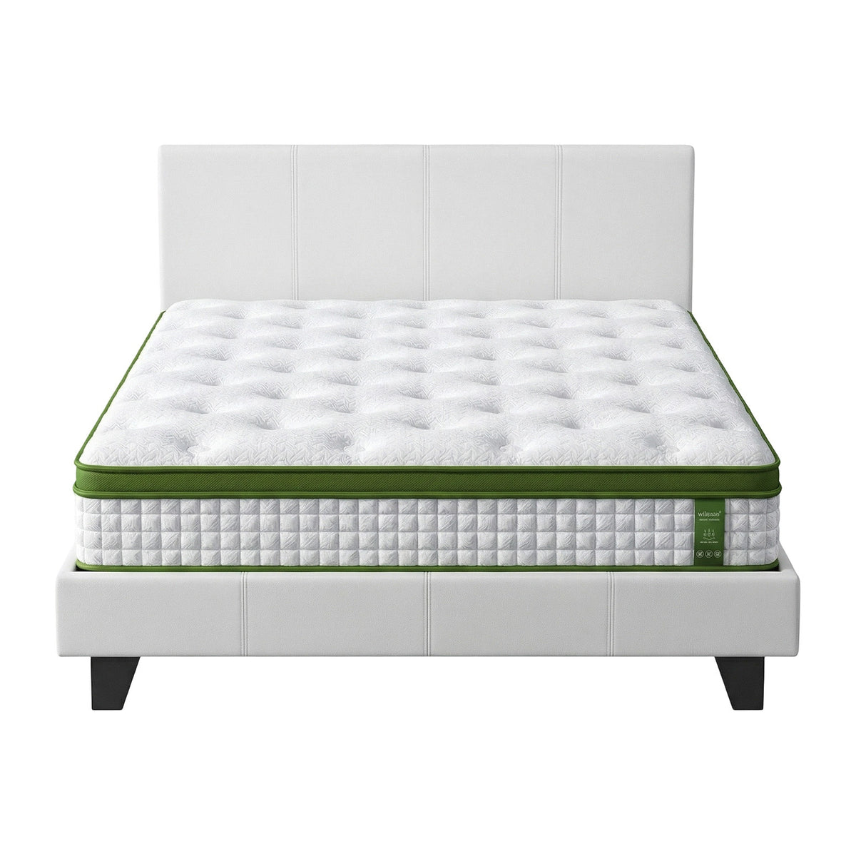 TWSC Double Bed Frame Platform White PVC Leather Hybrid Mattress Modern