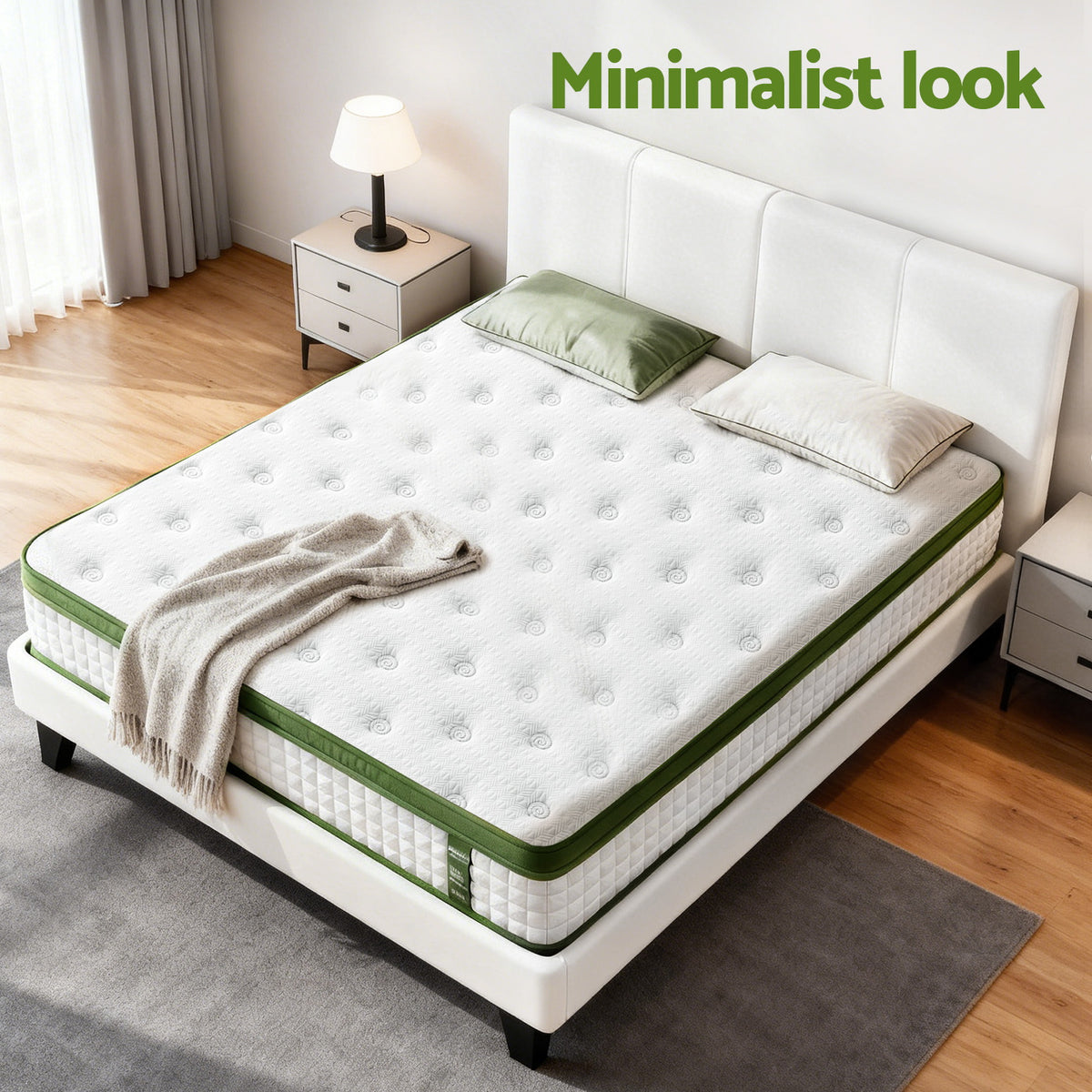TWSC Double Bed Frame Platform White PVC Leather Hybrid Mattress Modern