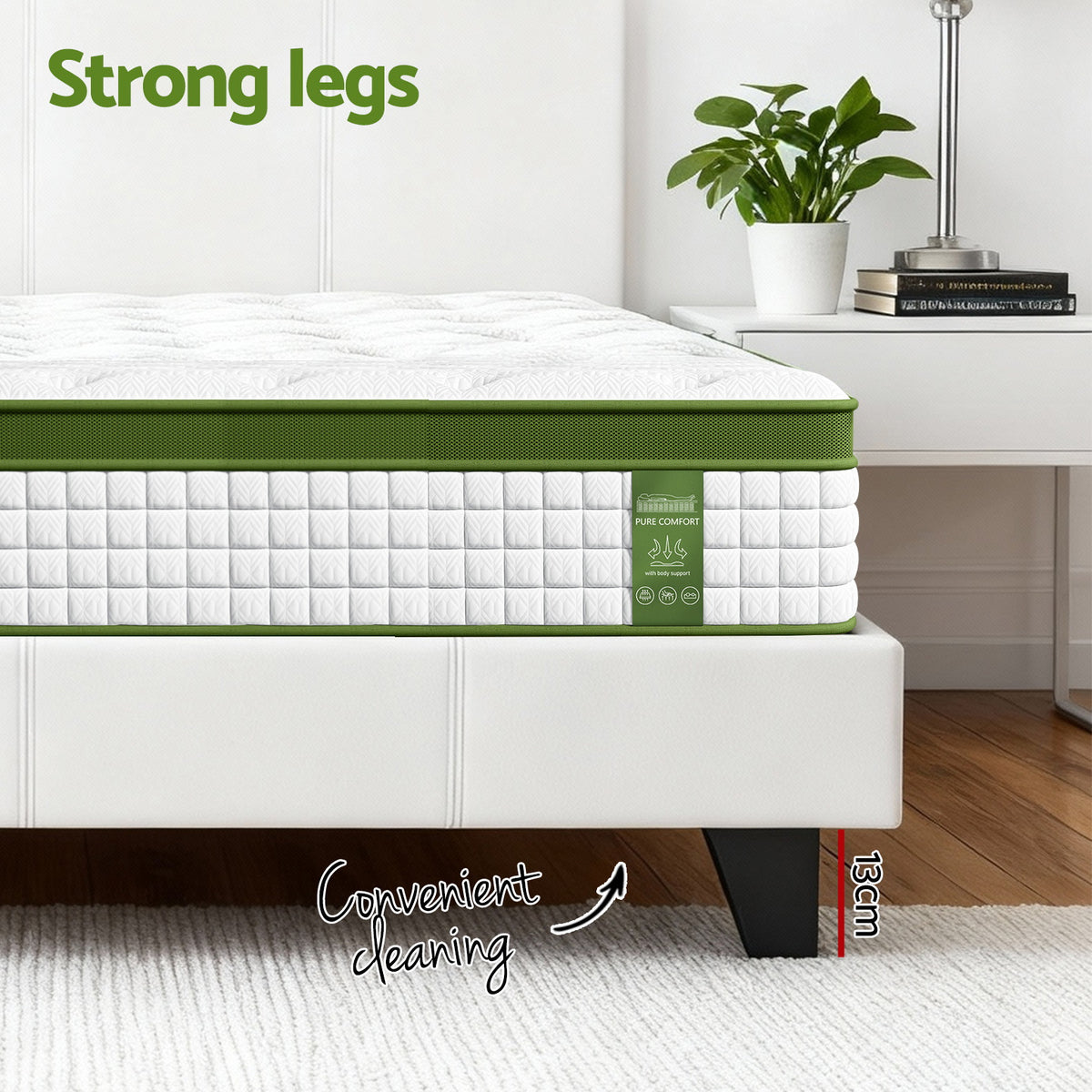 TWSC Double Bed Frame Platform White PVC Leather Hybrid Mattress Modern