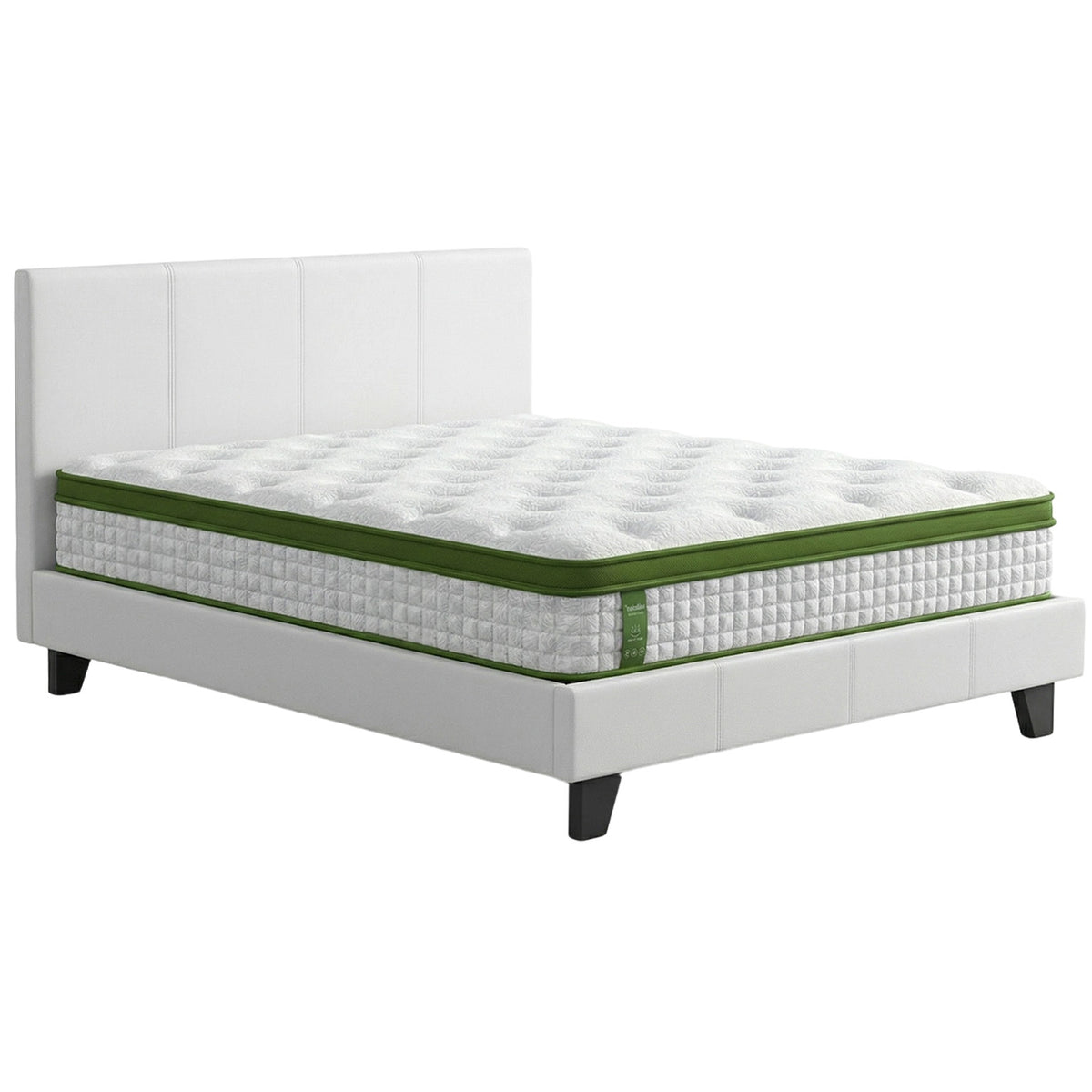 TWSC Double Bed Frame Platform White PVC Leather Hybrid Mattress Modern