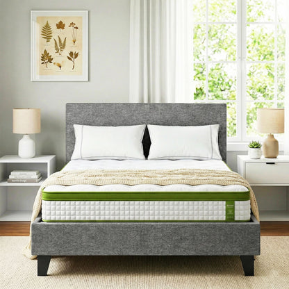 TWSC BedStory Single Bed Frame and Mattress Set, 30cm Hybrid Cooling Gel Mattress with Grey Upholstered Wooden Platform Base, Modern Bedroom Furniture Bundle